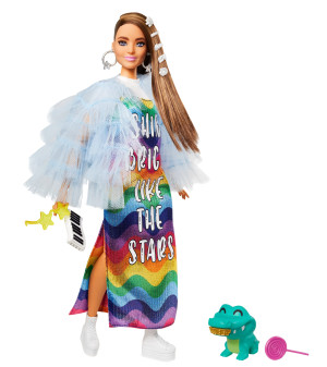 Barbie Extra - Moda Lalka i Zwierzątko + Akcesoria Nr 9 Tiulowa narzutka Jasnobrązowe włosy GYJ78