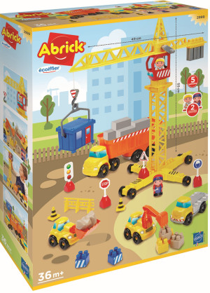 Ecoiffier Abrick - Zestaw budowlany z dźwigiem + 4 pojazdy + 2 figurki 2999