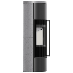 Piec stalowy KRATKI ERIK Ø 150 5,5 kW Wysoki, ozdobna ceramika akumulacyjna GREY SATIN, pokrywa