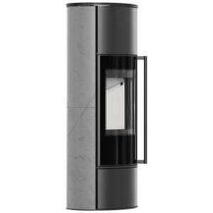 Piec stalowy KRATKI ERIK Ø 150 5,5 kW wysoka ozdobna ceramika akumulacyjna GREY SATIN pokrywa stalowa; z