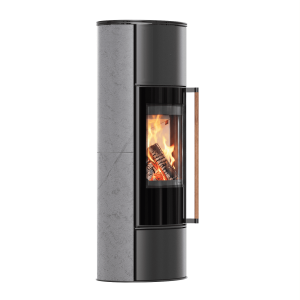 Piec stalowy KRATKI ERIK Ø 150 5,5 kW Wysoki, ozdobna ceramika akumulacyjna GREY SATIN, pokrywa stalowa, klamka z drewna egzotycznego