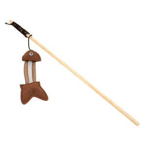 Katzenspielzeug Holzangel mit Filz-Fisch, hochwertige Katzenangel mit Holzstab 40 cm, Fisch aus Filz