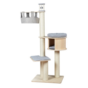 Holzkratzbaum Woody Home, Höhe 170 cm, dicke Sisalstämme (12 cm), 4 gemütliche Liegeplätze (abnehmbar), grauer Designer-Stoff, viele Holzelemente