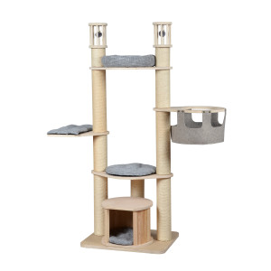 Holzkratzbaum Woody Tower, Höhe 173 cm, dicke Sisalstämme (12 cm), 5 gemütliche Liegeplätze (abnehmbar), grauer Designer-Stoff, viele Holzelemente