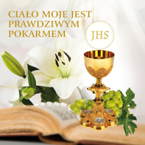 Baner na I Komunię Świętą "Ciało moje jest prawdziwym pokarmem" 150x150cm