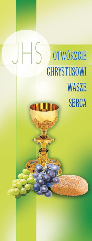 Baner na Boże Ciało, "Otwórzcie serca" zielony 50x130 cm