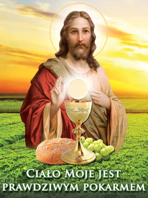 Baner na Pierwszą Komunię Świętą "Ciało moje jest prawdziwym pokarmem" 75x100 cm