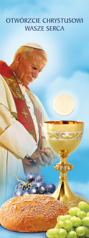 Baner na Boże Ciało "Otwórzcie.." błękitny 75x200cm