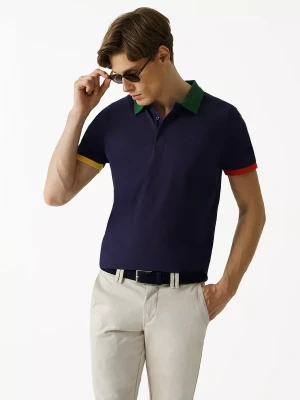 KUBENZ - Granatowa koszulka polo DUO - 100% Bawełna pique - Kontrastowy kołnierzyk od wewnątrz - Zdobiona lamówka - Styl casual
