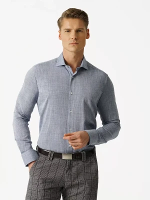KUBENZ - Jeansowa koszula HYGIN - Kołnierzyk włoski - Mieszanka lnu i bawełny - Fason slim - Gładka - Styl klasyczny