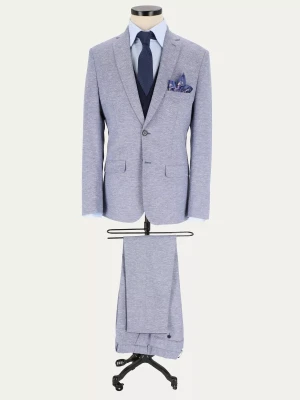 KUBENZ - Niebieski garnitur NATURAL TOSCA BLUE SC slim - Z dodatkiem lnu - Mikrostruktura - Styl klasyczny
