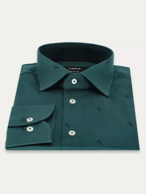 KUBENZ - Zielona koszula EWEN - Fason slim - 100% Bawełna - Oryginalny wzór w konie - Styl casual
