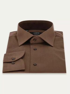 KUBENZ - Brązowa koszula MACREA - Fason slim - 100% Bawełna - Gładka - Styl klasyczny