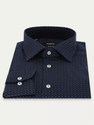 KUBENZ - Granatowa koszula DERRY - Fason slim - 100% Bawełna - Subtelny nadruk - Styl casual
