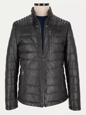 Czarna ocieplana kurtka skórzana pikowana w technologii thermo fleece COB