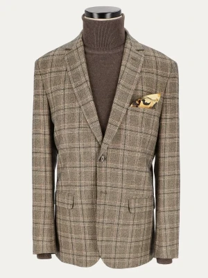 KUBENZ - Stylowa beżowa marynarka slim Milano Beige - Domieszka wiskozy - Subtelna krata - Styl klasyczny