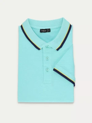 KUBENZ - Turkusowa koszulka polo EL PASO - Bawełna pique - Zdobiona lamówka - Sygnowane logo - Styl casual
