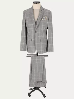 Szary garnitur RING slimowany w kratę windowpane