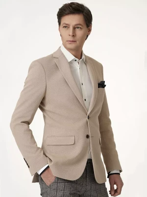 KUBENZ - Beżowa marynarka Faro slim - Materiał wzbogacony naturalną bawełną - Mikrostruktura - Styl elegancki