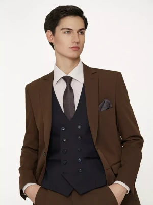 KUBENZ - Granatowa dwurzędowa kamizelka PRIME LUX NAVY/D slim - Domieszka najwyższej jakości wełny - Gładka - Styl klasyczny