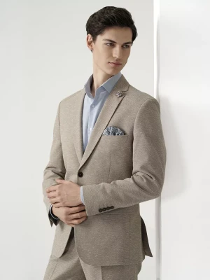 KUBENZ - Beżowy garnitur NATURAL TOSCA BEIGE SC slim - Z dodatkiem lnu - Mikrostruktura - Styl klasyczny
