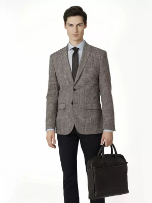 KUBENZ - Brązowa marynarka slim PLAY - Domieszka wiskozy - Krata Księcia Walii - Styl elegancki