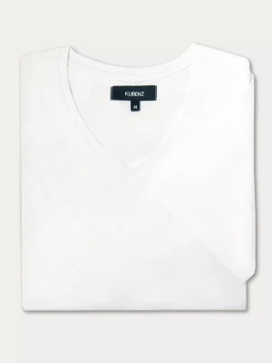 Biały z bawełnianej tkaniny gładki t-shirt z dekoltem typu v-neck regular Peter