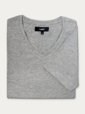 Szary z bawełnianej tkaniny gładki t-shirt z dekoltem typu v-neck regular Peter