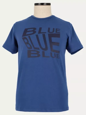 Bawełniany t-shirt z nadrukiem w kolorze jeans slim Blue 7