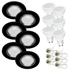 Komplet 6x Oprawa halogen okrągły szklany RIK-8 czarny + GU10 7W 3000K