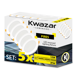Zestaw 5x panel sufitowy podtynkowy LED 12W IP54 PIRES CCT