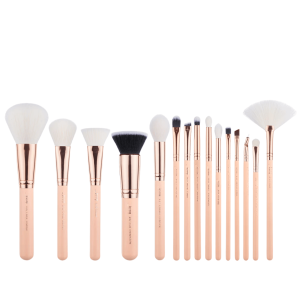 Jessup - Nake Pink & Rose Gold Brush Set, 15 szt. - zestaw pędzli do makijażu twarzy i oczu brzoskwiniowe ze złotem