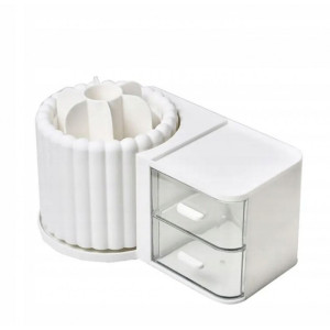Ecarla - Organizer na przybory i kosmetyki, ryflowany obrotowy biały, 23,5 × 13 × 14,5 cm