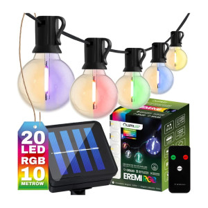 Łańcuch świetlny, girlanda RGB ogrodowa solarna 20 kulek LED 3000K 10,6m + pilot