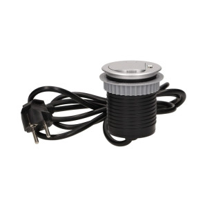 Gniazdo meblowe Ø6cm wpuszczane w blat z pokrywką, ładowarką USB i przewodem 1,8m, 1x2P+Z, 1xUSB, srebrne