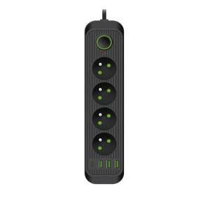 Przedłużacz 4 gniazda 230V kabel 3m + 4xUSB czarny