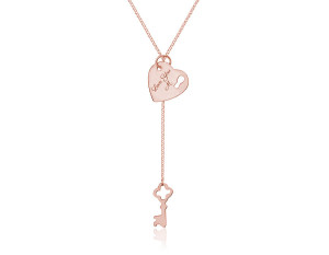 Srebrny naszyjnik z sercem i kluczem + grawer - Rose Gold | prezent na Walentynki