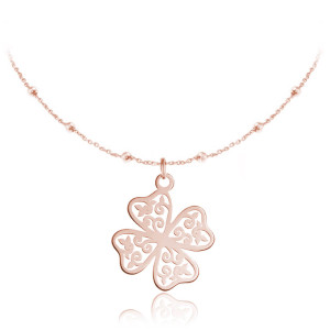 Na święta | Srebrny naszyjnik ażurowa Koniczynka - łańcuszek kulki - rose gold