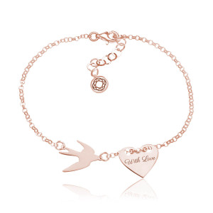 Srebrna bransoletka Hailey - jaskółka i serce - rose gold - grawer