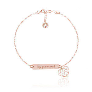 Bransoletka ze Srebra pr. 925 - Ażurowe serce i Grawer - Rose Gold