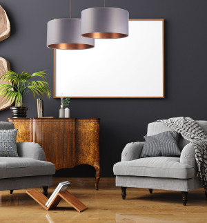 Żyrandol LEATHER miedziany, szary abażur 60W E27 satyna, walec