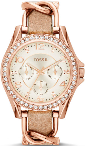 Zegarek Fossil ES3466 / RILEY Rose Gold Stainless Steel and Brown Leather Strap 38mm / damski