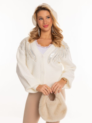 PROMOCJA. Sweter kardigan w cekiny - biel