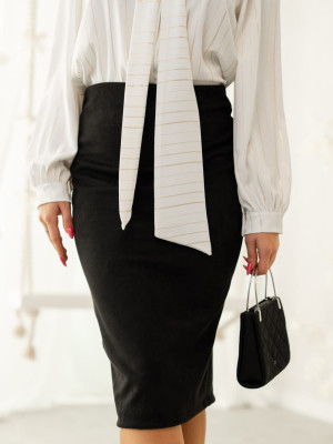 Elegancka Klasyczna Ołówkowa SPÓDNICA Midi Ala Zamsz Black