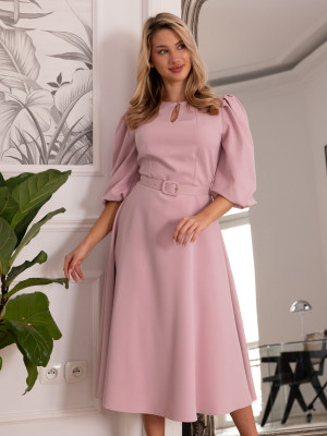 Elegancka Sukienka Selina z paskiem -pudrowa