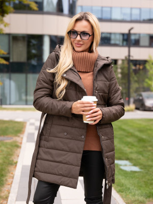 PROMOCJA. Długa KURTKA pikowana z guzikami DOLORES - coffee