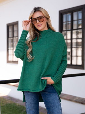 SWETER półgolf z prążkami ALINA - szmaragd