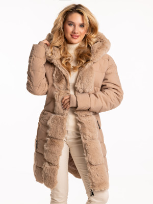 PROMOCJA. KURTKA Pikowana Zimowa Futerko CRESSIDA - Beige