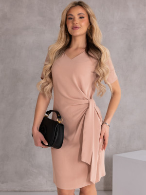SUKIENKA elegancka WIĄZANIE dekolt serek LAVINIA - beż
