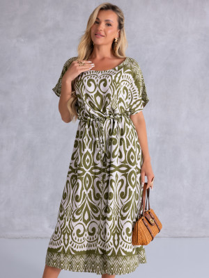 SUKIENKA Midi OVERSIZE Ornament CAROLA - olive